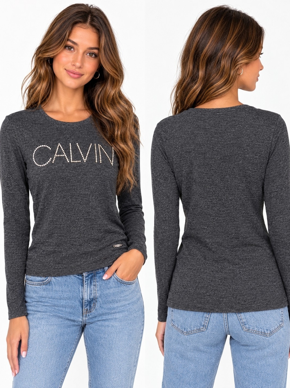 Calvin Klein Women’s Gray Rhinestone CALVIN Logo Long Sleeve Top Size S